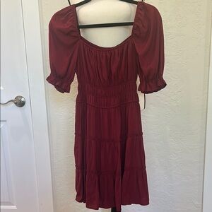 Elegant Burgundy Puff Sleeve Dress